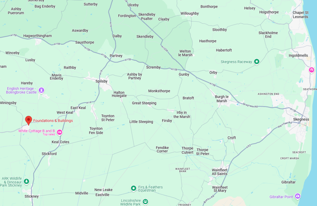 Map showing FAB Ltd base compared to the wider Lincolnshire area. Including areas such as Spilsby, Skegness, Boston and surrounding villages. Contact us on 01754 871919.